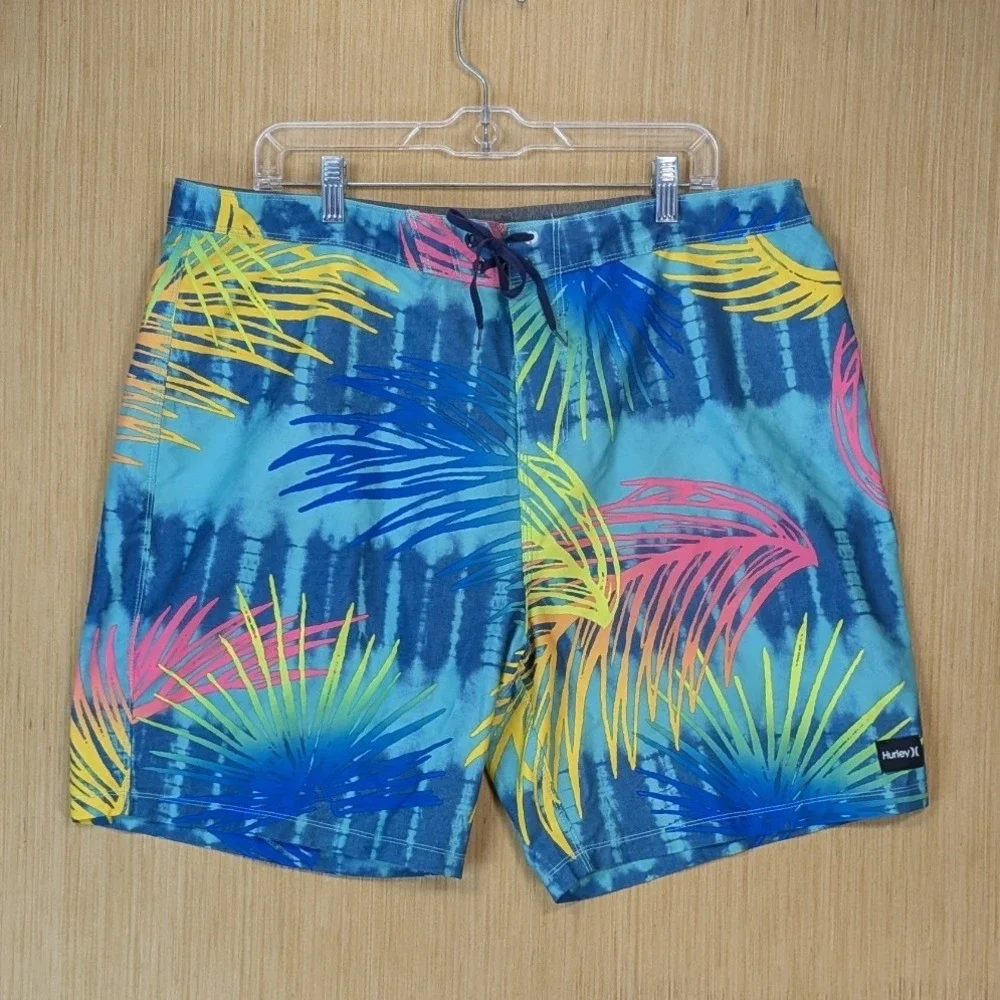 Hurley Board Shorts Men's 38 Tie Dye Palm Print Blue Swim‎ Trunks Beach